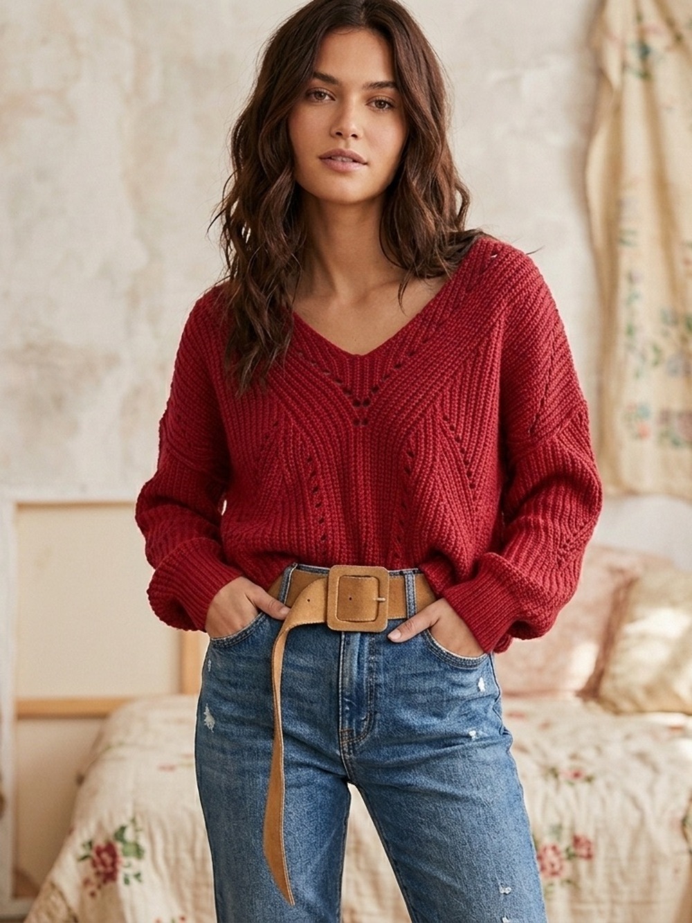 Free People All Day Long ribbed Cropped Sweater XS Oversized Chunky cabincore